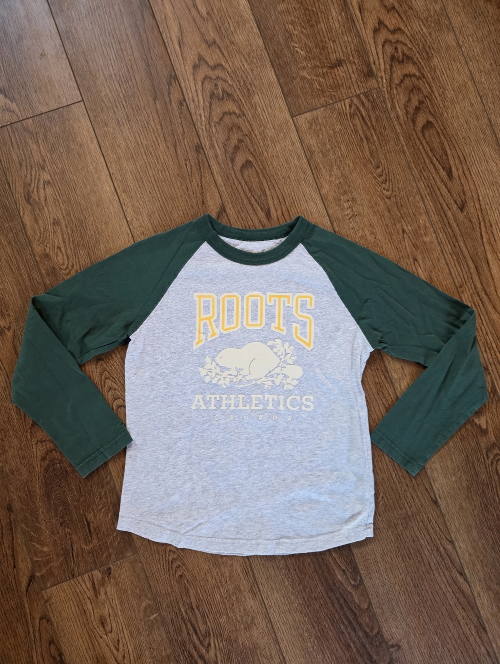 Roots Kids Gray and Green Raglan Long-Sleeve Tee with Yellow Logo